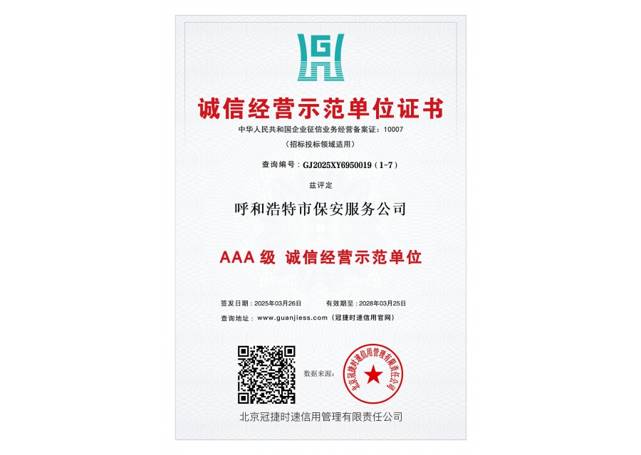 誠信經(jīng)營示范單位證書